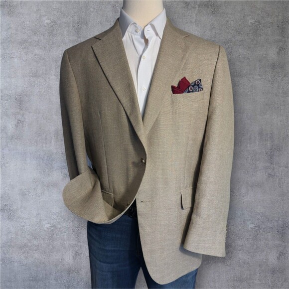 JOS A BANK Mens Blazer 44R LINEN/WOOL Taupe Sport Coat Two Button Jacket Suits - Picture 2 of 16